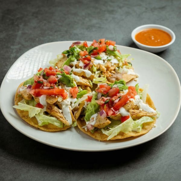 Three chicken tostadas with lettuce, tomatoes, avocado, and crema, with a side of red sauce.