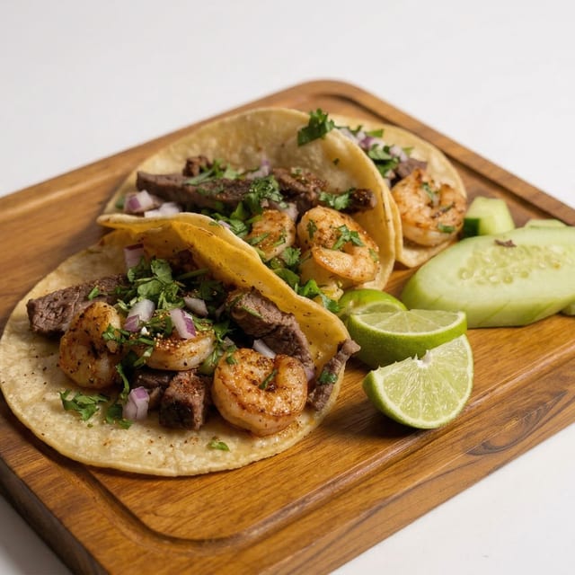 Mar y Tierra / Ribeye Steak and Shrimp Tacos.