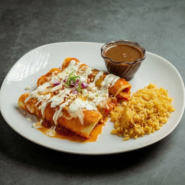 Two enchiladas topped with sour cream, cheese, and red onion, served with rice and a side of sauce.